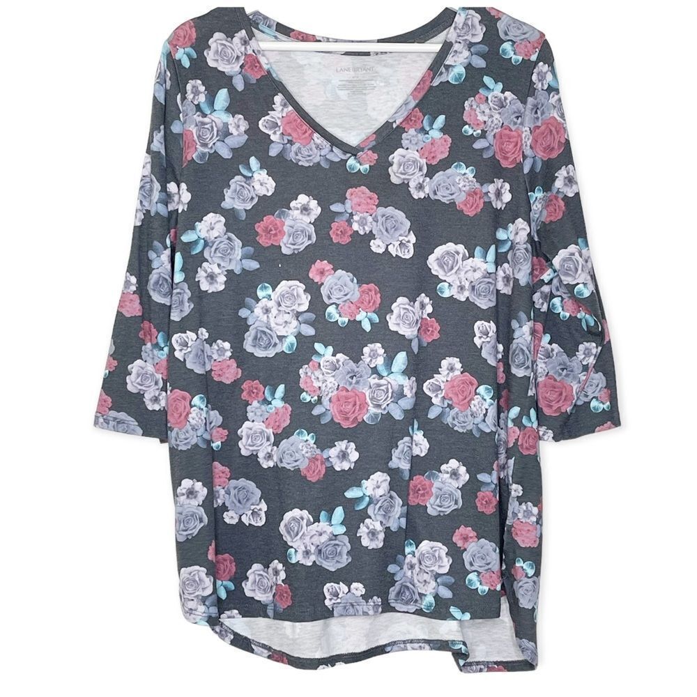 Lane Bryant Gray Pink Floral 3/4 Sleeve Pullover Top V Neck Women’s Size 14/16